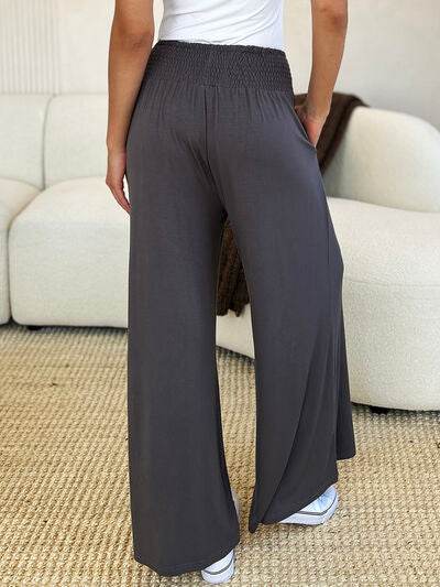 Basic Bae Full Size Smocked Wide Waistband Wide Leg Pants for a perfect OOTD – dress to impress outfits from Amexza