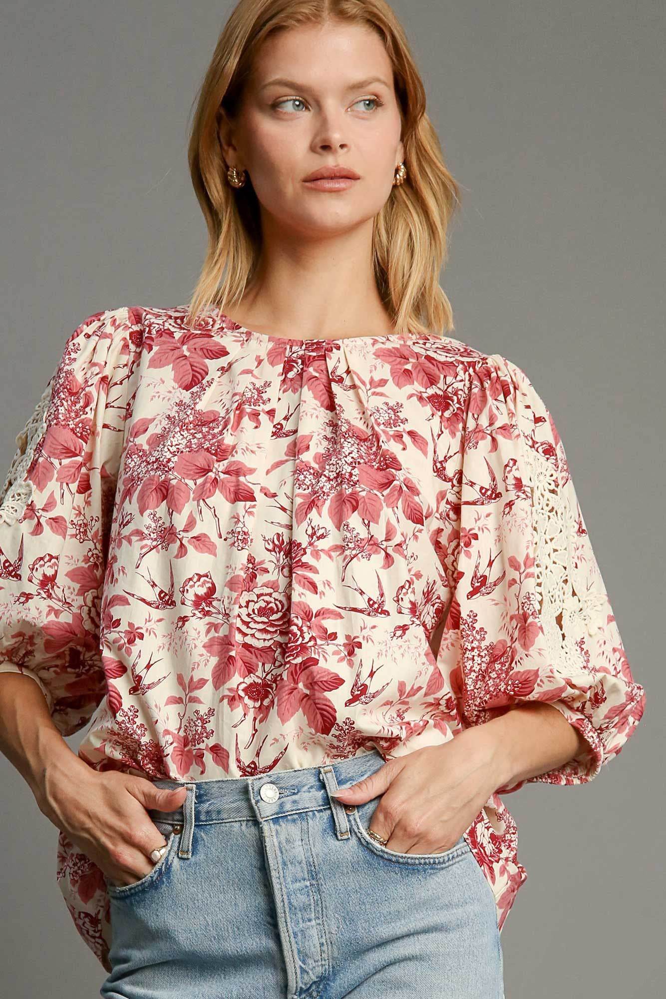 Umgee Floral Pleated Detail Lace Trim Sleeve Blouse Pink Mix for a perfect OOTD – dress to impress outfits from Amexza