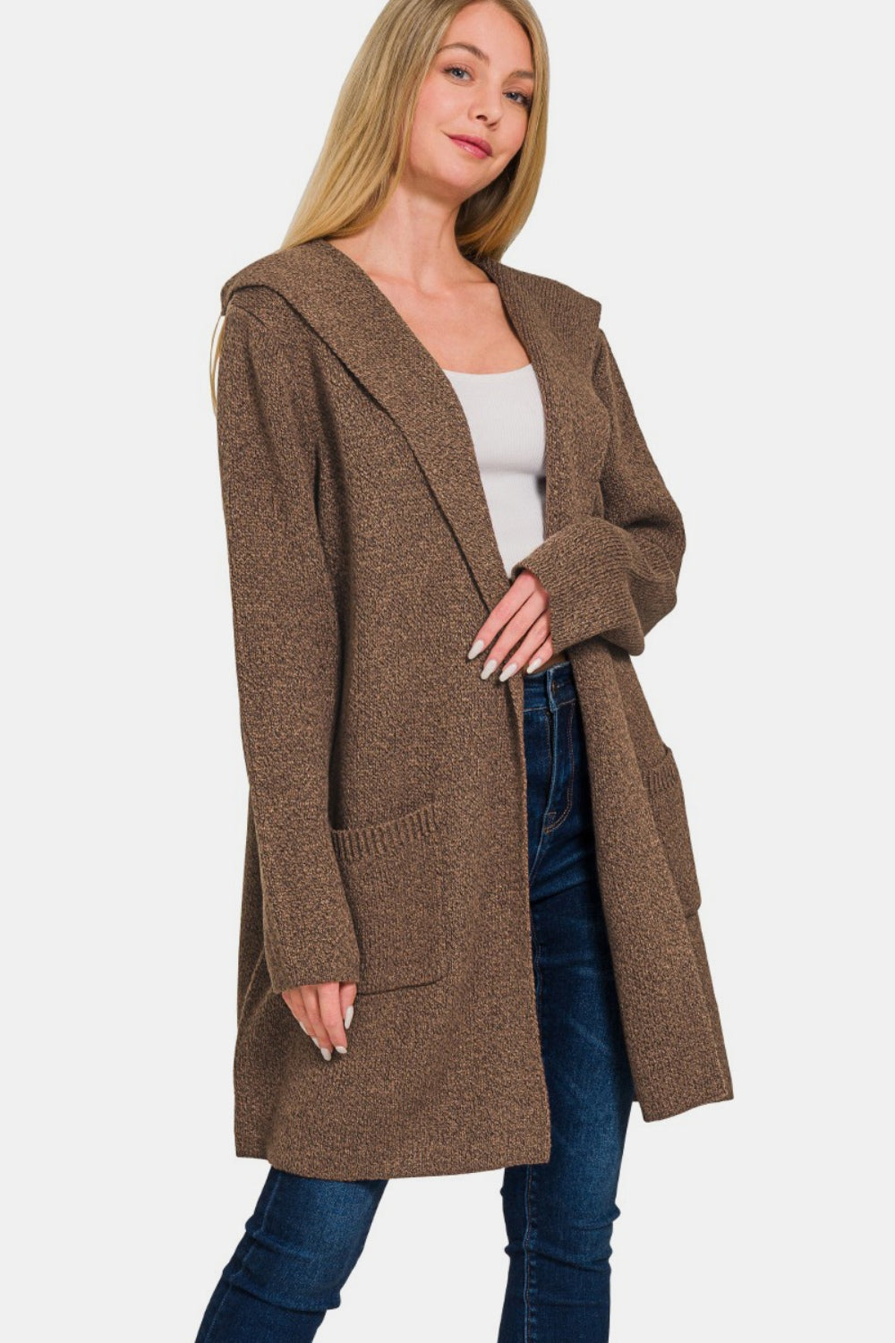 Zenana Hooded Open Front Sweater Cardigan Brown for a perfect OOTD – dress to impress outfits from Amexza