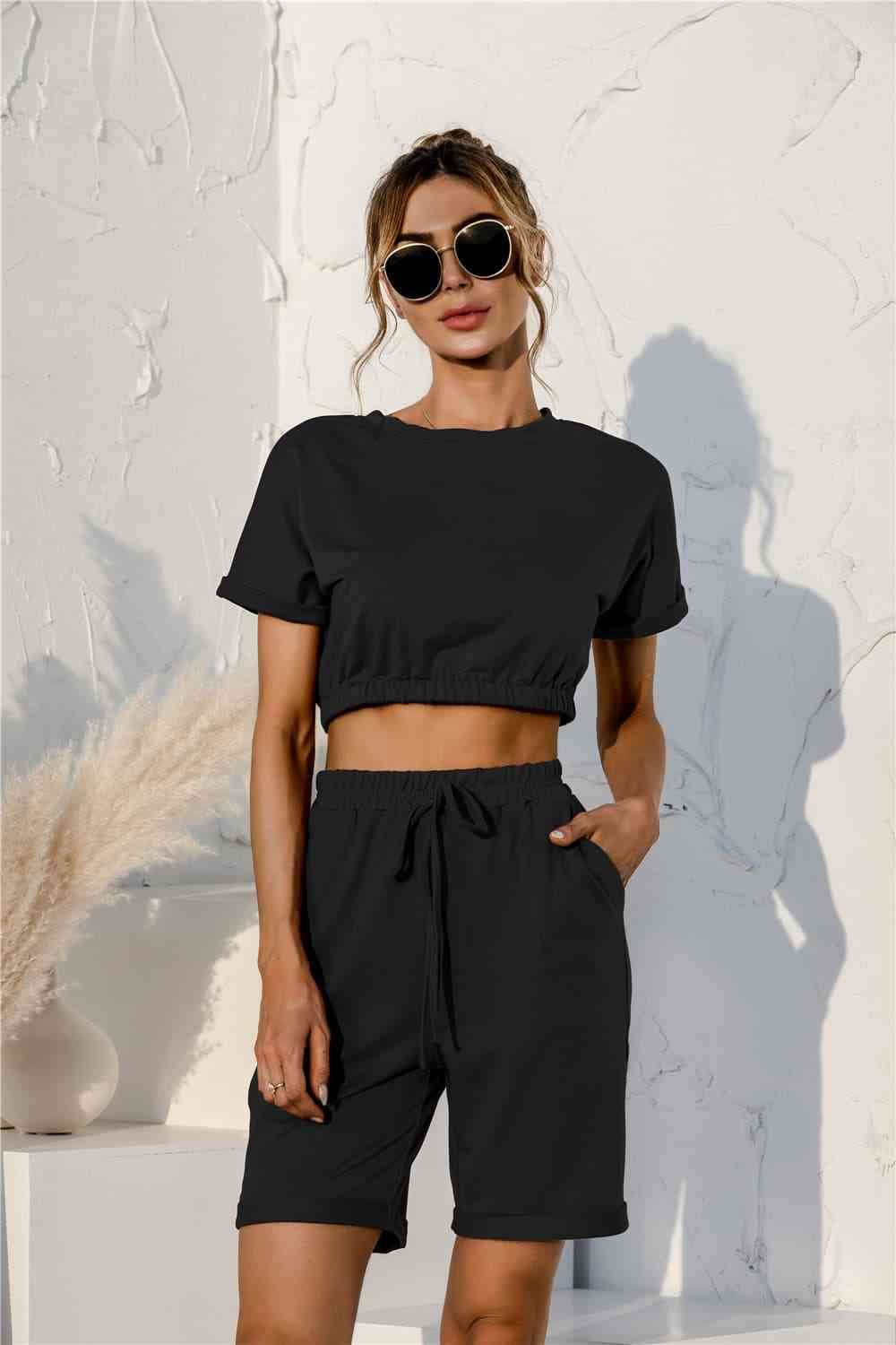 Short Sleeve Cropped Top and Drawstring Shorts Lounge Set Black for a perfect OOTD – dress to impress outfits from Amexza