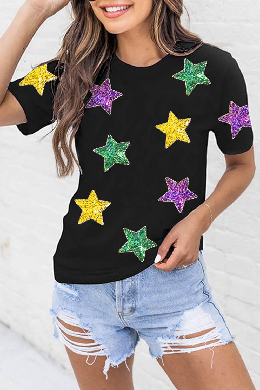 Sequin Stars Patched Round Neck T-Shirt for a perfect OOTD – dress to impress outfits from Amexza