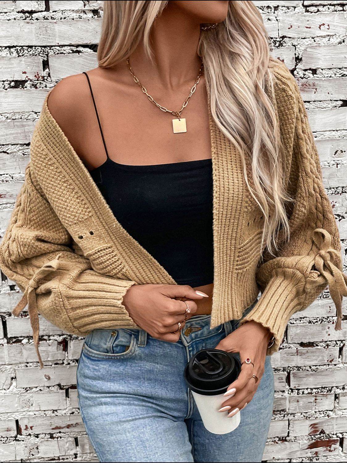 Cable-Knit Tied Open Front Lantern Sleeve Cardigan for a perfect OOTD – dress to impress outfits from Amexza