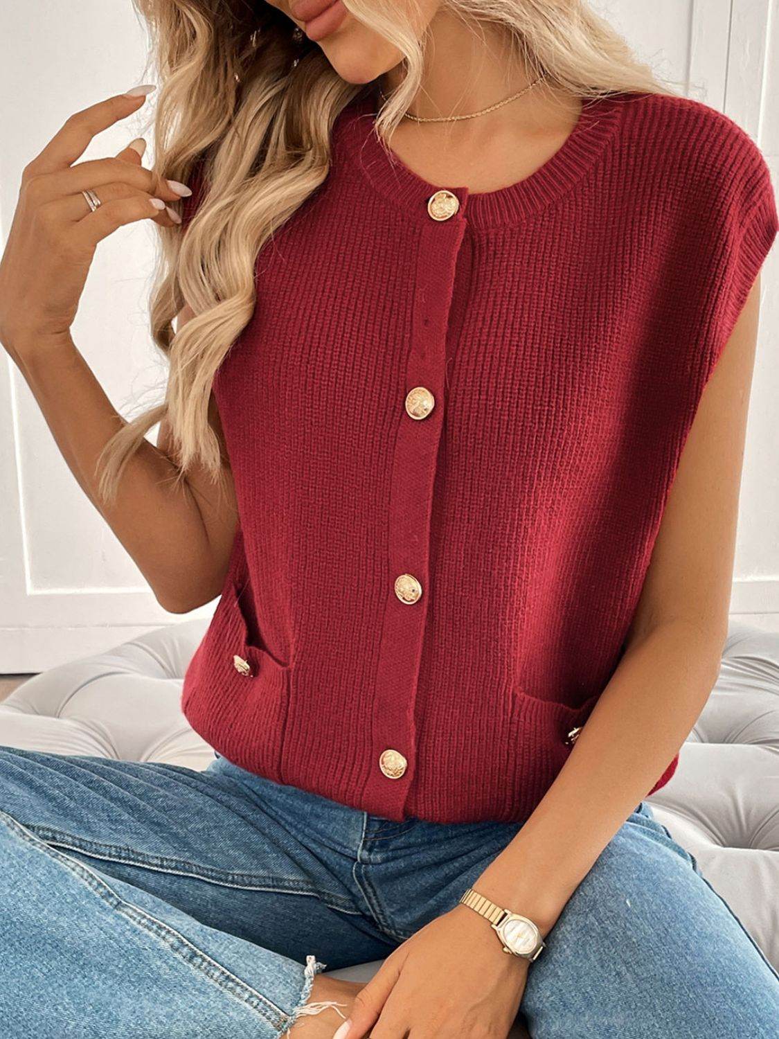 Perfee Pocketed Round Neck Cap Sleeve Cardigan - Amexza