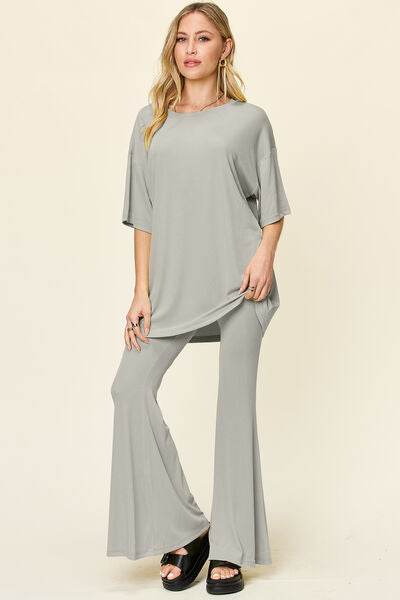 Double Take Full Size Round Neck Drop Shoulder T-Shirt and Flare Pants Set for a perfect OOTD – dress to impress outfits from Amexza