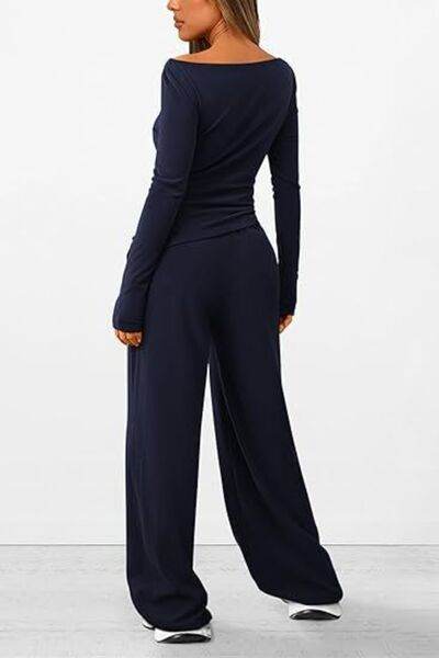 Round Neck Long Sleeve Top and Pants Set - Amexza