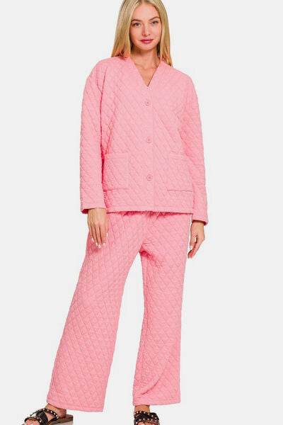 Zenana Quilted Button Up Long Sleeve Top and Pants Lounge Set Dk Pink for a perfect OOTD – dress to impress outfits from Amexza