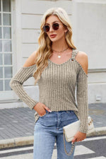 Ribbed Cold Shoulder Long Sleeve Top - Amexza