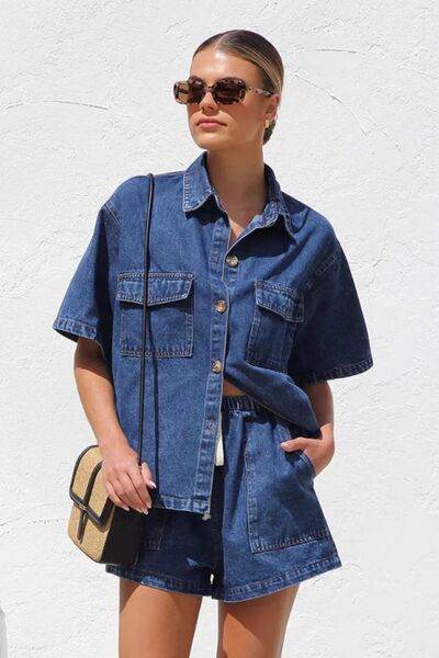 Collared Neck Button Up Top and Shorts Denim Set for a perfect OOTD – dress to impress outfits from Amexza