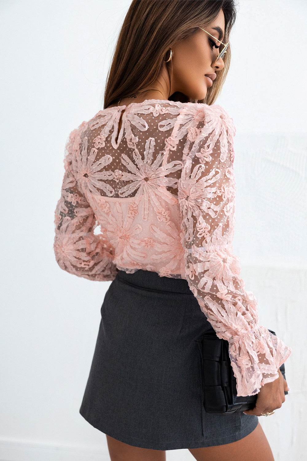 Flower Dotted Ruffled Sleeve Mesh Top - Amexza