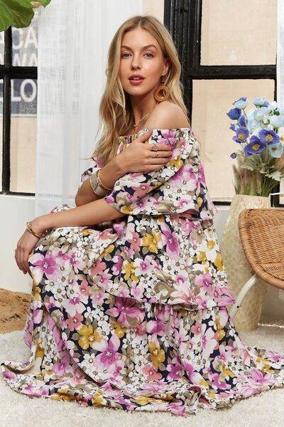 ADORA Layered Floral Off-Shoulder Short Sleeve Maxi Dress for a perfect OOTD – dress to impress outfits from Amexza