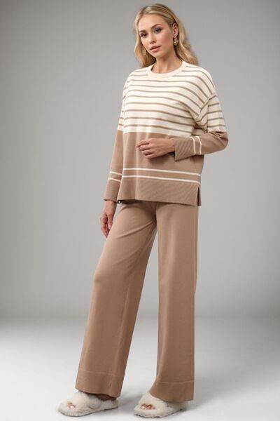 Basic Bae Striped Round Neck Long Sleeve Top and Pants Sweater Set Khaki One Size for a perfect OOTD – dress to impress outfits from Amexza