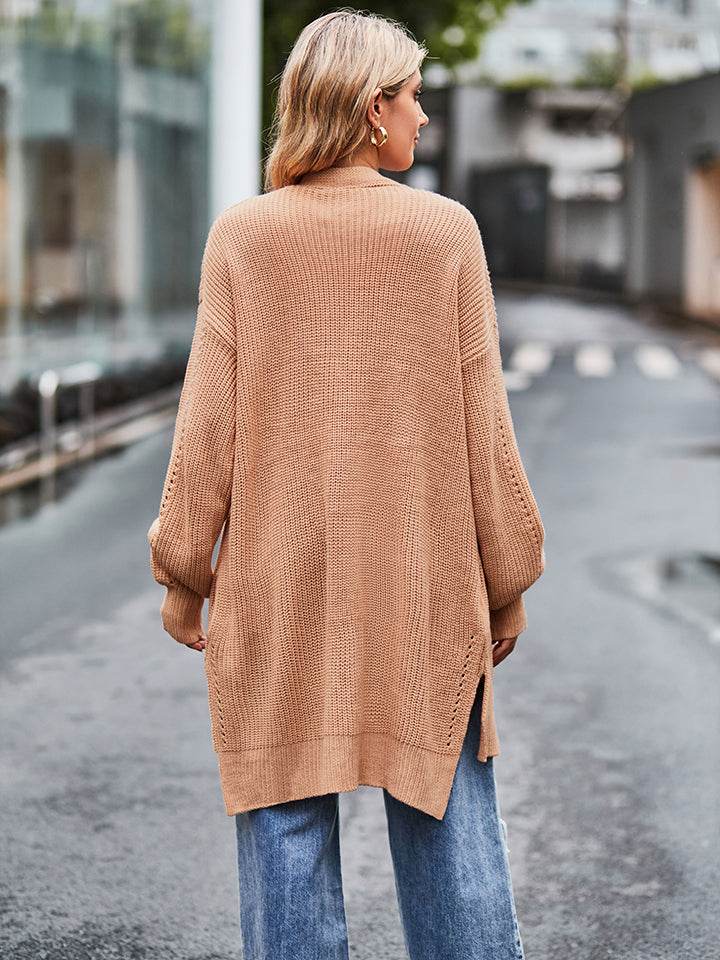 Long Sleeve Waffle-Knit Cardigan - Amexza