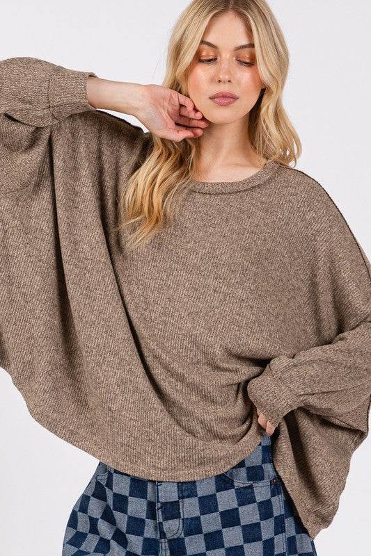 SAGE + FIG Round Neck Batwing Sleeve Oversize Top Coffee Brown for a perfect OOTD – dress to impress outfits from Amexza