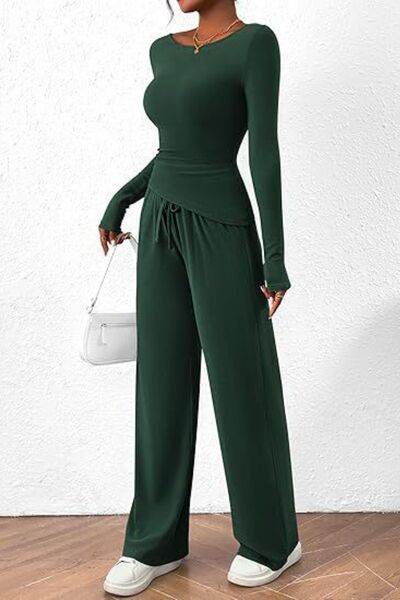 Round Neck Long Sleeve Top and Pants Set - Amexza