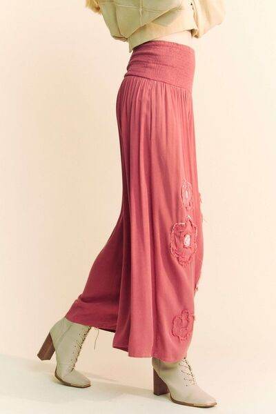 Davi & Dani Smocked Waist Flower Patch Wide Leg Pants - Amexza