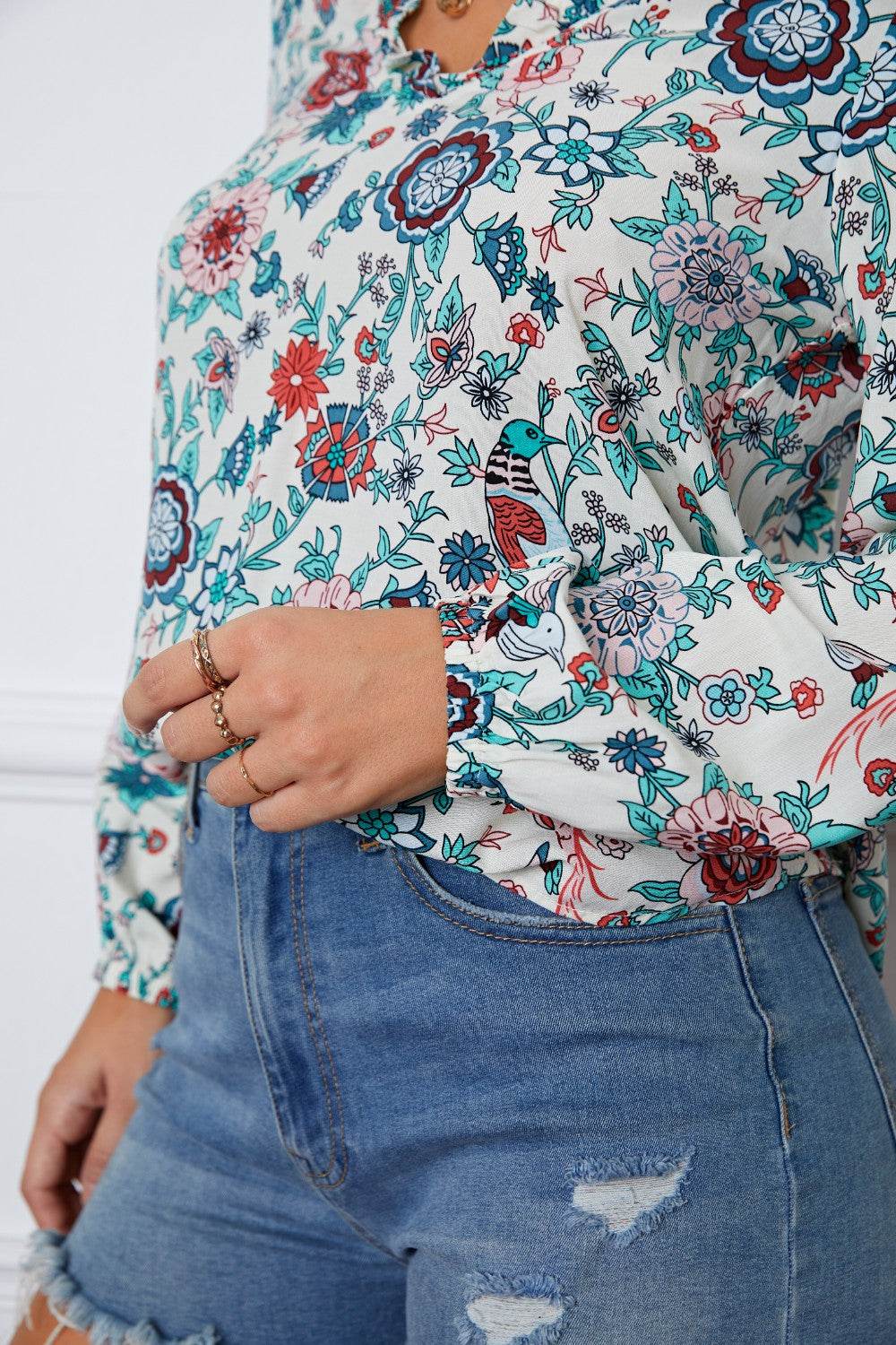 Floral Notched Long Sleeve Blouse for a perfect OOTD – dress to impress outfits from Amexza