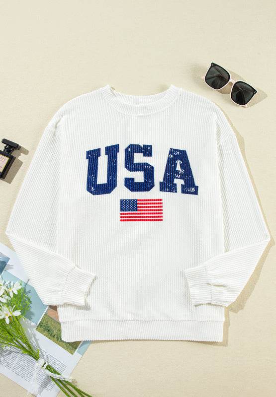 US Flag Corded Long Sleeve Sweatshirt for a perfect OOTD – dress to impress outfits from Amexza