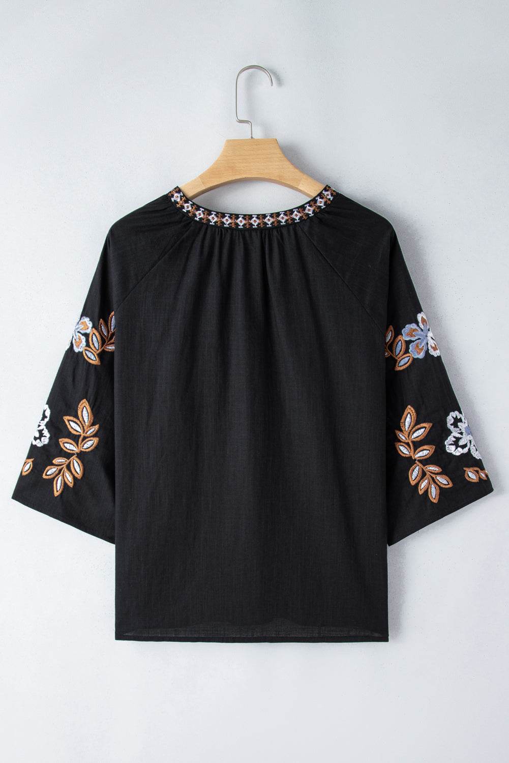 Embroidered V-Neck Three-Quarter Sleeve Blouse - Amexza