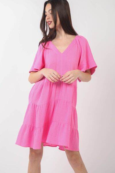 VERY J Texture V-Neck Ruffled Tiered Dress Pink for a perfect OOTD – dress to impress outfits from Amexza