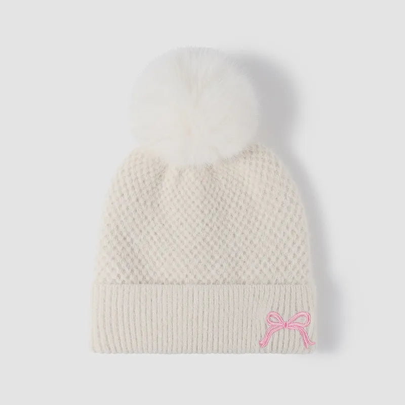 Thermal Bow Knit Hat with Pompom White One Size for a perfect OOTD – dress to impress outfits from Amexza