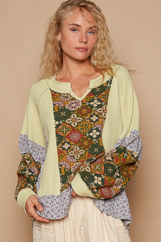 POL Exposed Seam Printed Notched Raglan Sleeve Knit Top Yellow Green for a perfect OOTD – dress to impress outfits from Amexza