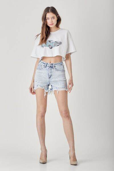 RISEN Raw Hem Distressed High Rise Denim Shorts for a perfect OOTD – dress to impress outfits from Amexza