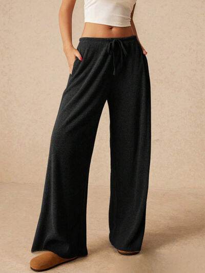 Ribbed Drawstring Wide Leg Pants Black for a perfect OOTD – dress to impress outfits from Amexza