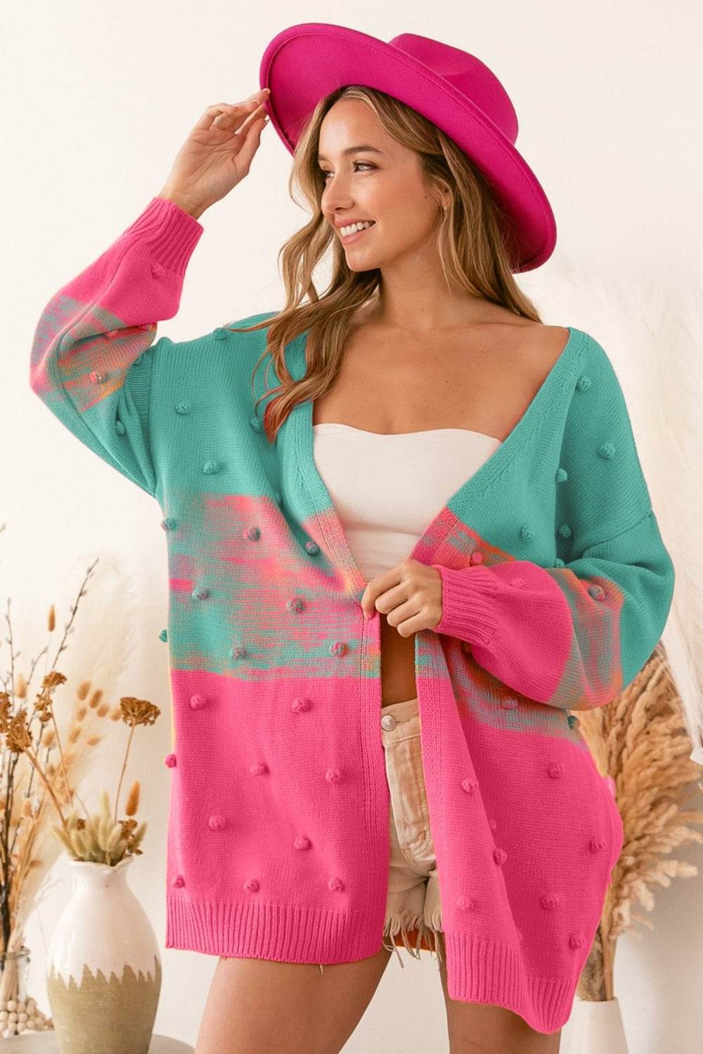 BiBi Color Block Ponpon Sweater Cardigan Turquoise Pink for a perfect OOTD – dress to impress outfits from Amexza