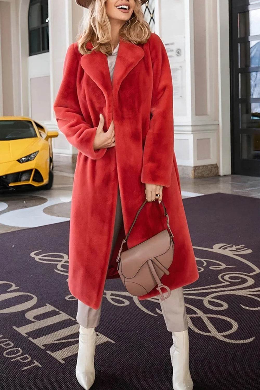 Full Size Fuzzy Tied Collared Neck Coat Orange-Red for a perfect OOTD – dress to impress outfits from Amexza