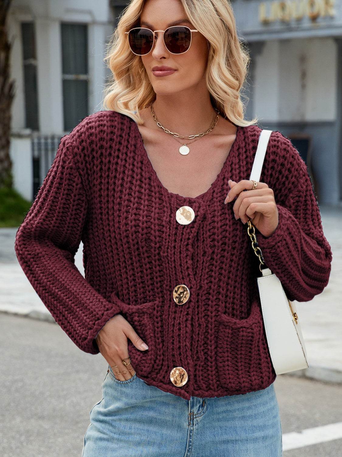 Round Neck Button Up Cardigan with Pockets - Amexza