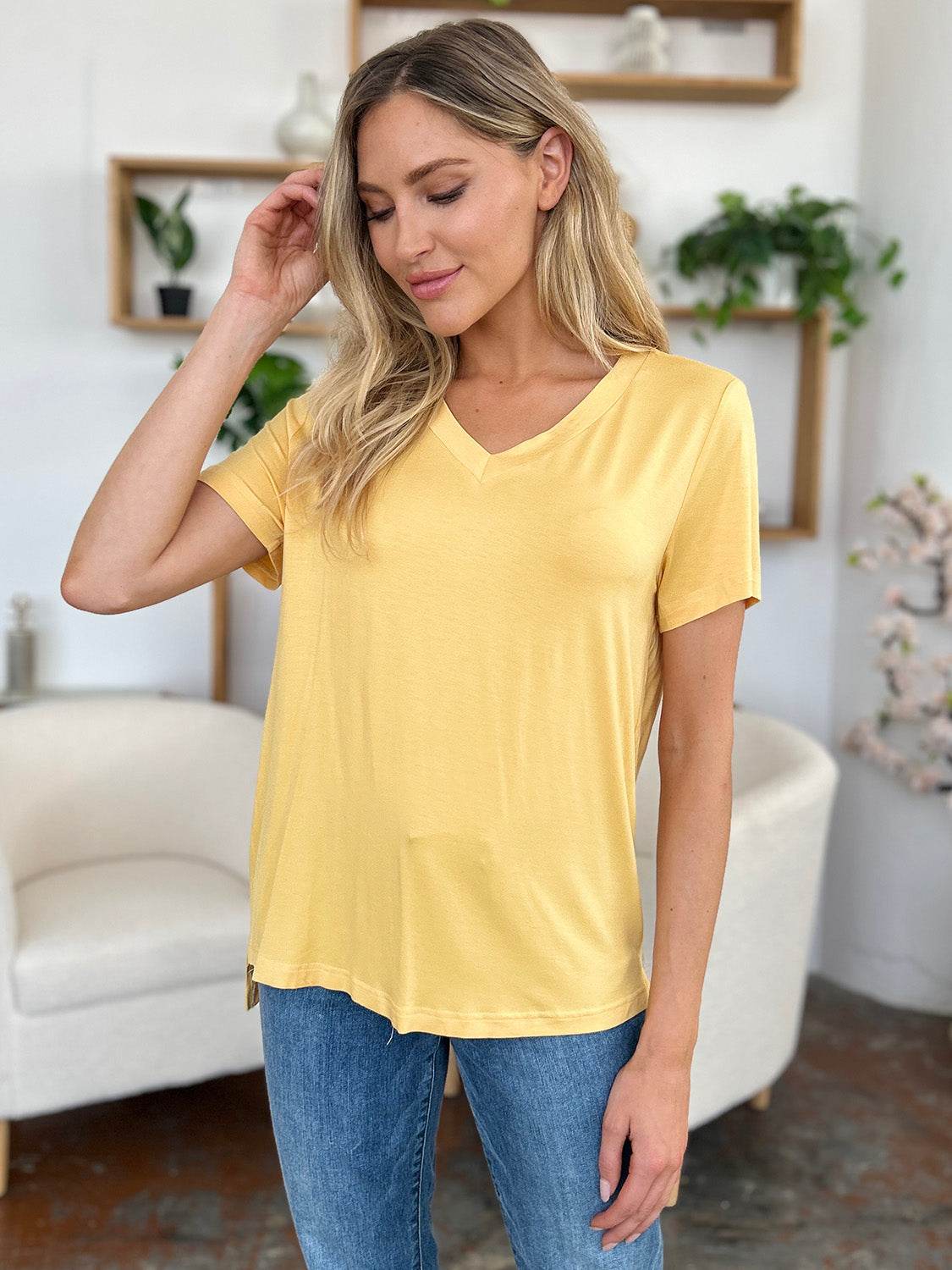 Basic Bae Bamboo Full Size V-Neck High-Low T-Shirt for a perfect OOTD – dress to impress outfits from Amexza