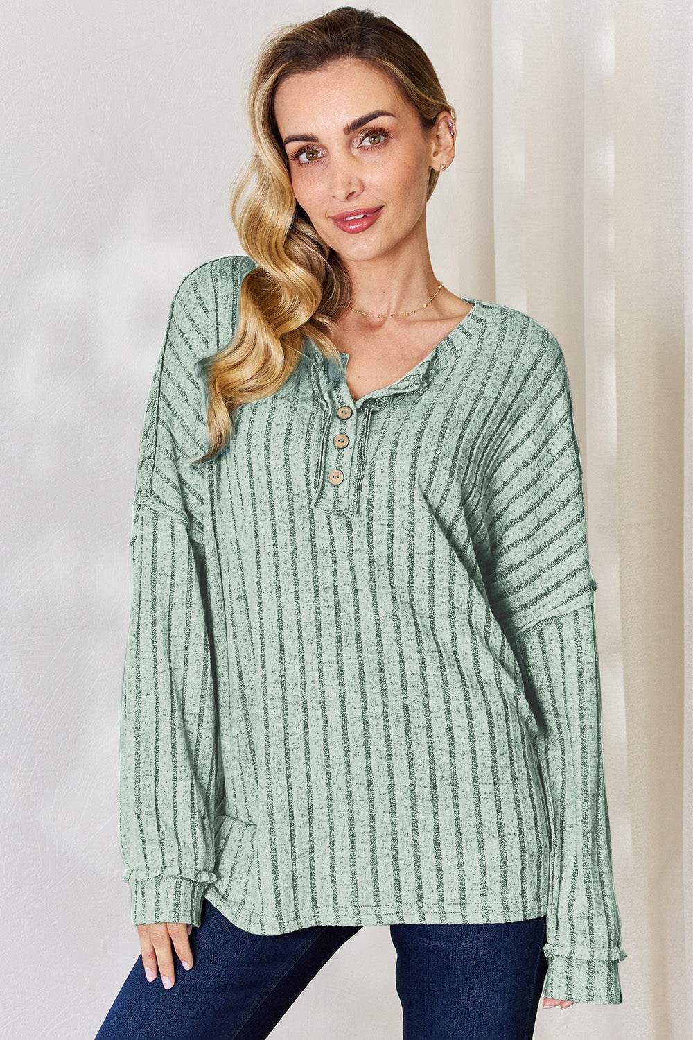 Basic Bae Full Size Ribbed Half Button Long Sleeve T-Shirt Light Green for a perfect OOTD – dress to impress outfits from Amexza