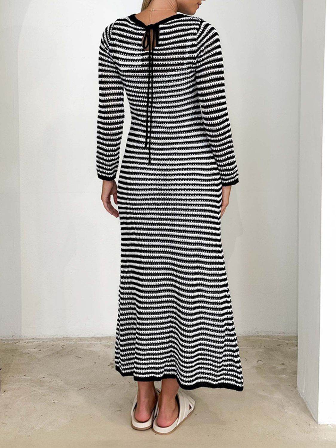 Devine Tied Round Neck Striped Sweater Dress for a perfect OOTD – dress to impress outfits from Amexza