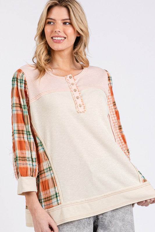 SAGE + FIG Exposed Seam Button Detail Plaid Top - Amexza