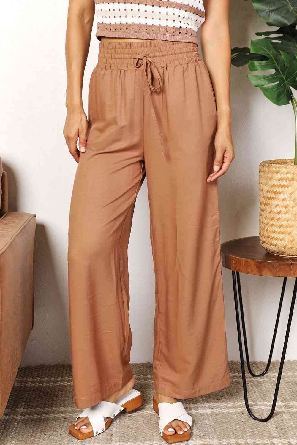 Double Take Drawstring Smocked Waist Wide Leg Pants Camel for a perfect OOTD – dress to impress outfits from Amexza