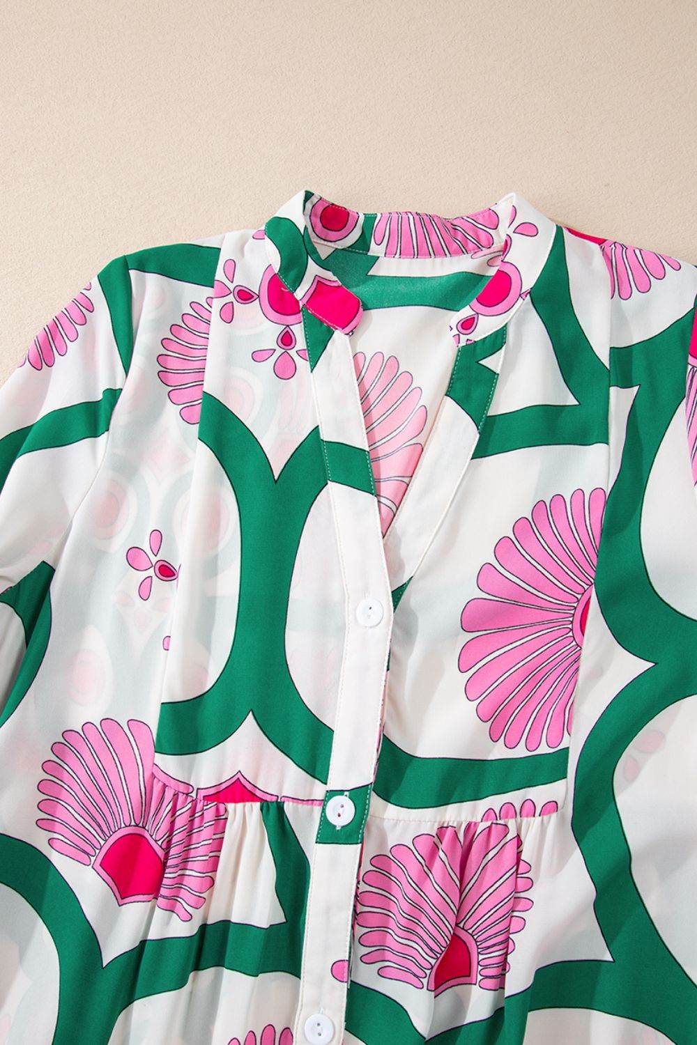 Printed Notched Long Sleeve Maxi Dress - Amexza