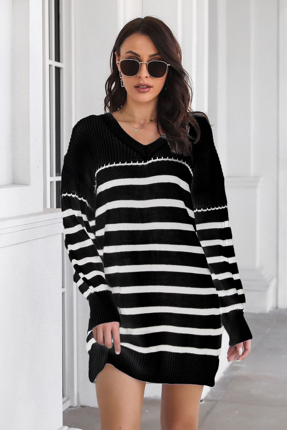 Striped V-Neck Drop Shulder Sweater Dress Black for a perfect OOTD – dress to impress outfits from Amexza