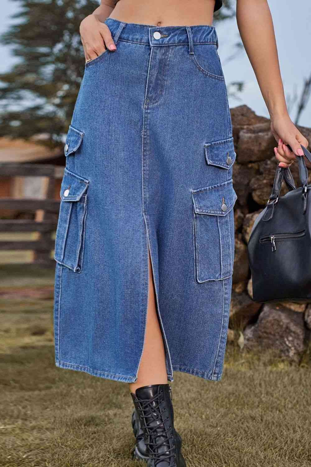 Slit Front Midi Denim Skirt with Pockets Medium for a perfect OOTD – dress to impress outfits from Amexza