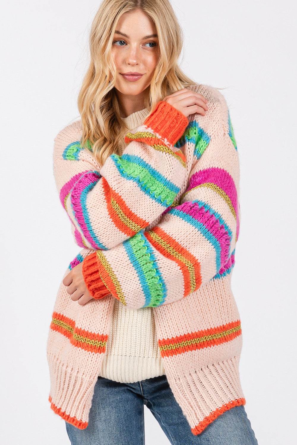 SAGE + FIG Rainbow Striped Open Front Knit Cardigan - Amexza