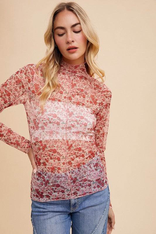 Annie Wear Floral Lettuce Hem Sheer Mesh Top - Amexza