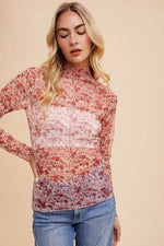 Annie Wear Floral Lettuce Hem Sheer Mesh Top - Amexza