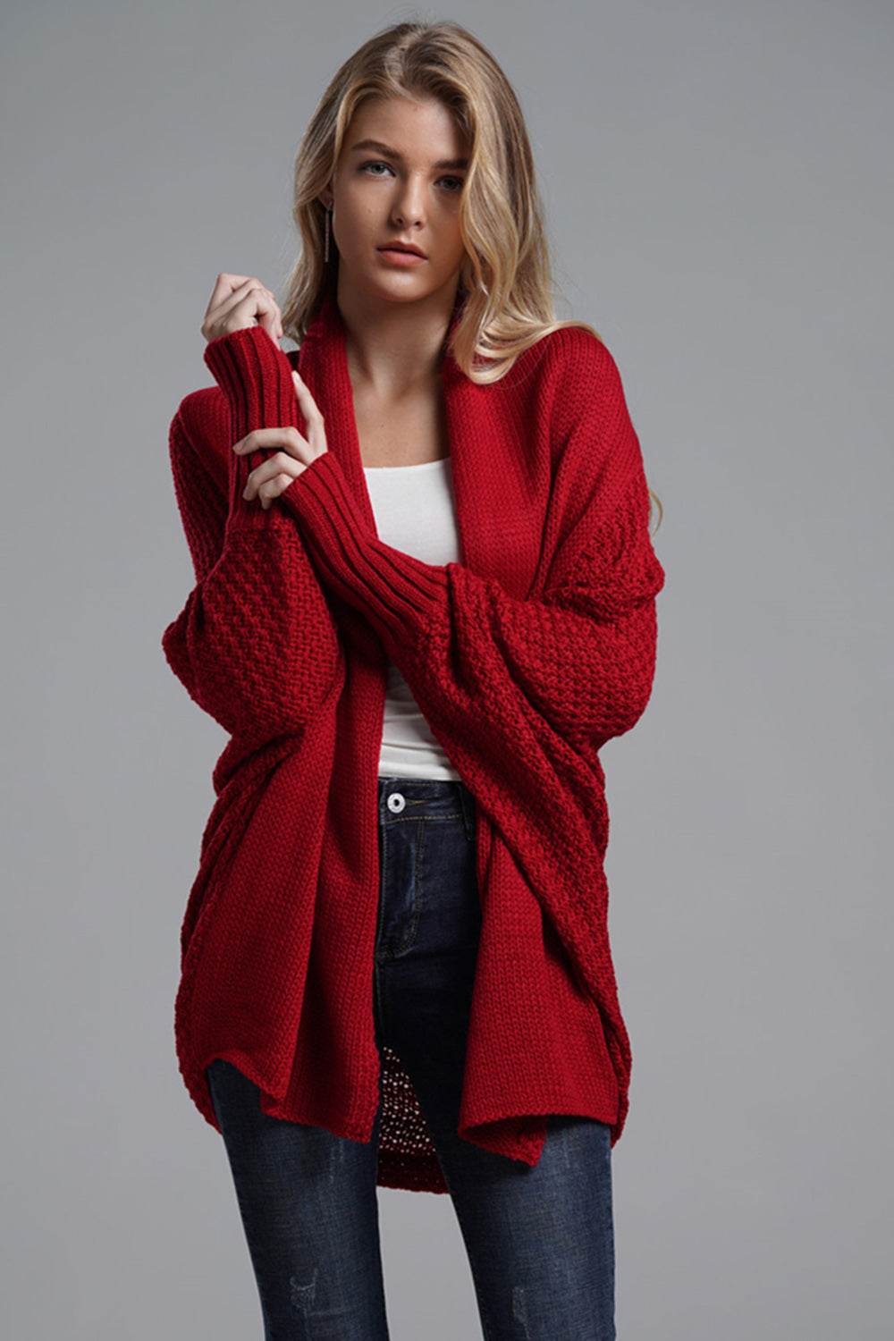 Open Front Batwing Sleeve Cardigan Deep Red One Size for a perfect OOTD – dress to impress outfits from Amexza