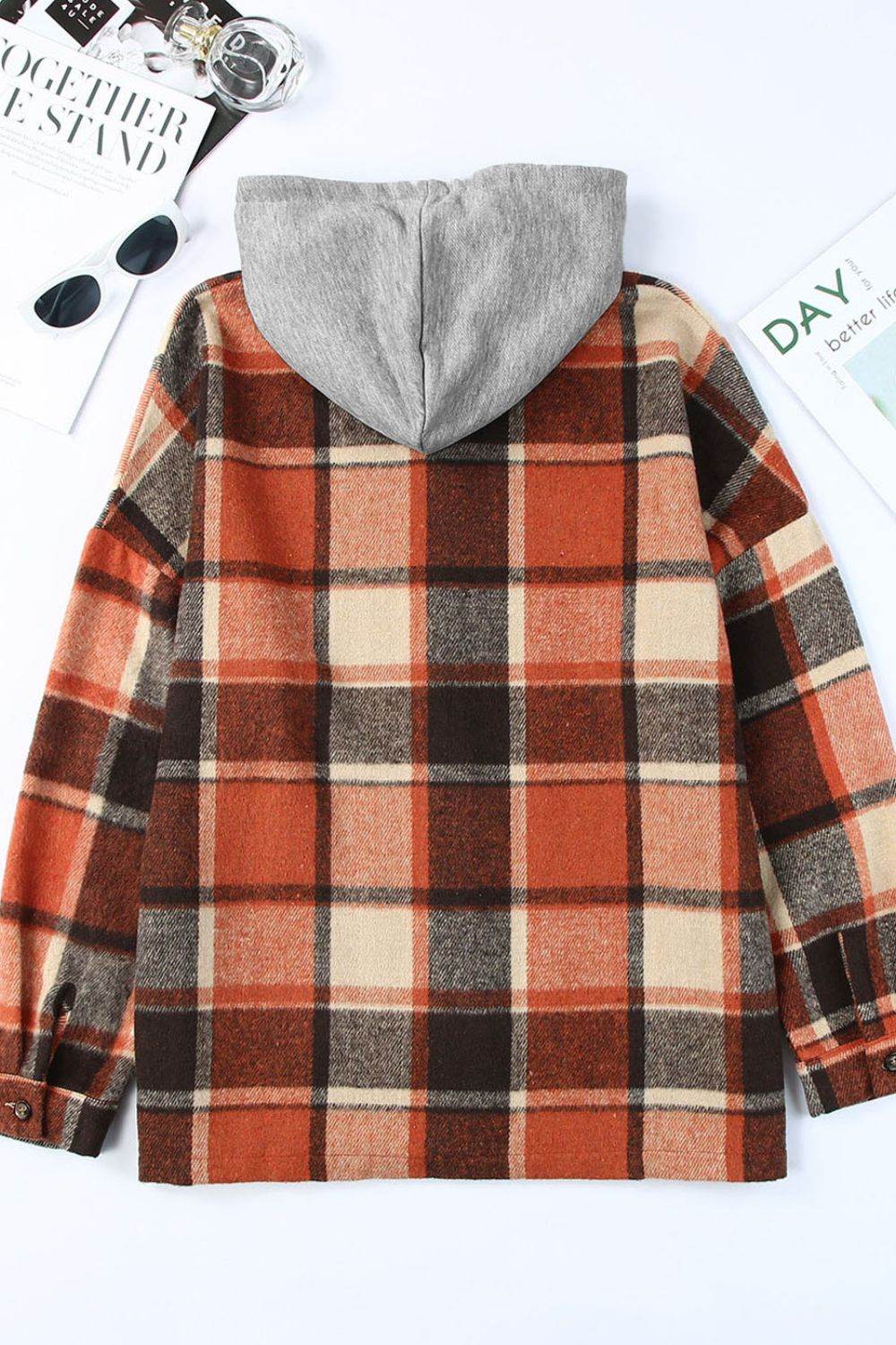 Plaid Button Up Hooded Shacket for a perfect OOTD – dress to impress outfits from Amexza