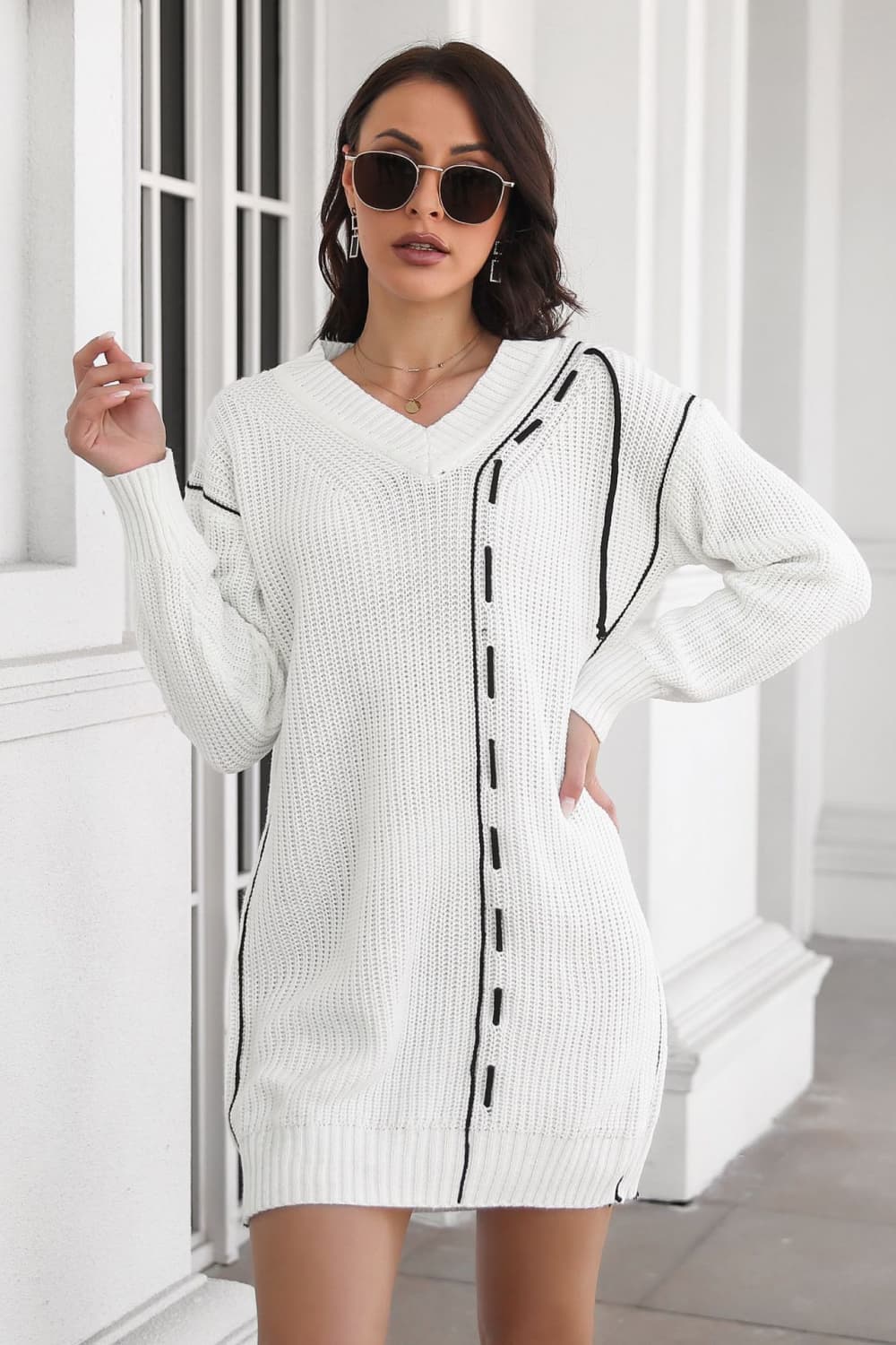 Contrast V-Neck Sweater Dress White for a perfect OOTD – dress to impress outfits from Amexza