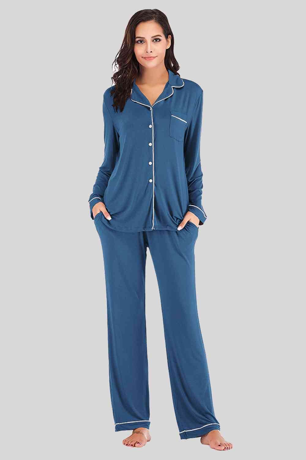 Collared Neck Long Sleeve Loungewear Set with Pockets Peacock Blue for a perfect OOTD – dress to impress outfits from Amexza