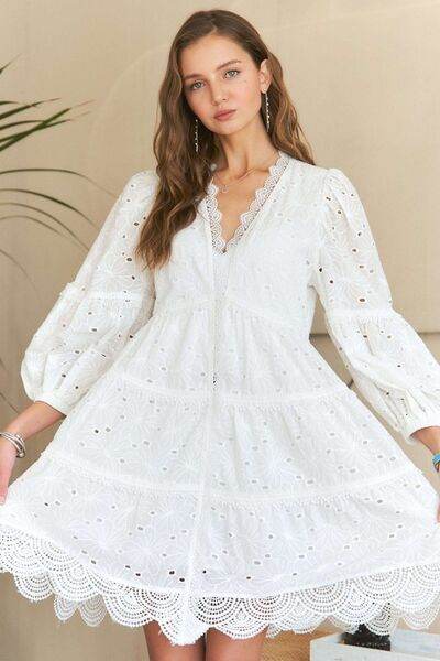 ADORA Lace Detail Tiered Eyelet V-Neck Babydoll Dress for a perfect OOTD – dress to impress outfits from Amexza