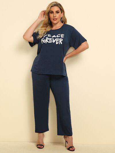 Plus Size PEACE FOREVER Short Sleeve Top and Pants Set Dark Blue for a perfect OOTD – dress to impress outfits from Amexza