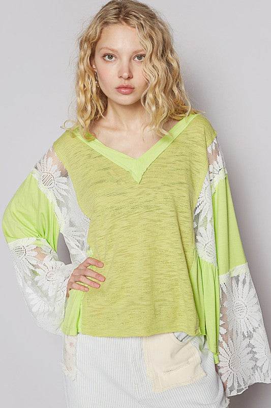 POL Lace Detail V-Neck Flare Sleeve Blouse Neon Lime for a perfect OOTD – dress to impress outfits from Amexza