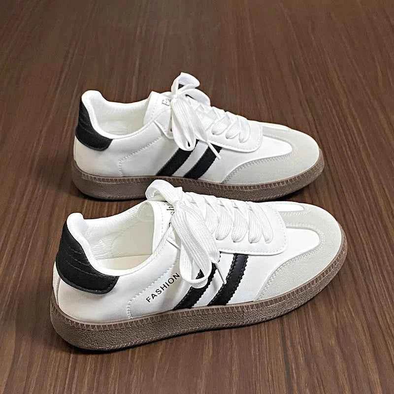 Side Striped Lace Up Round Toe Sneakers White for a perfect OOTD – dress to impress outfits from Amexza