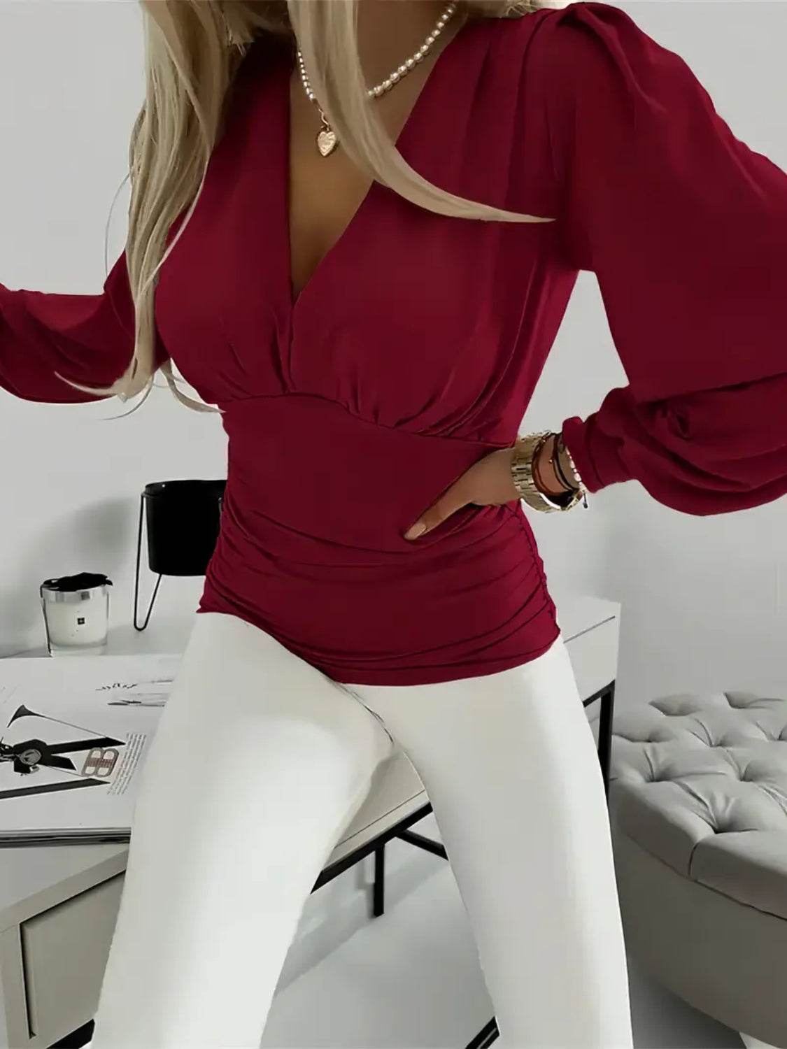 Ruched V-Neck Long Sleeve T-Shirt for a perfect OOTD – dress to impress outfits from Amexza